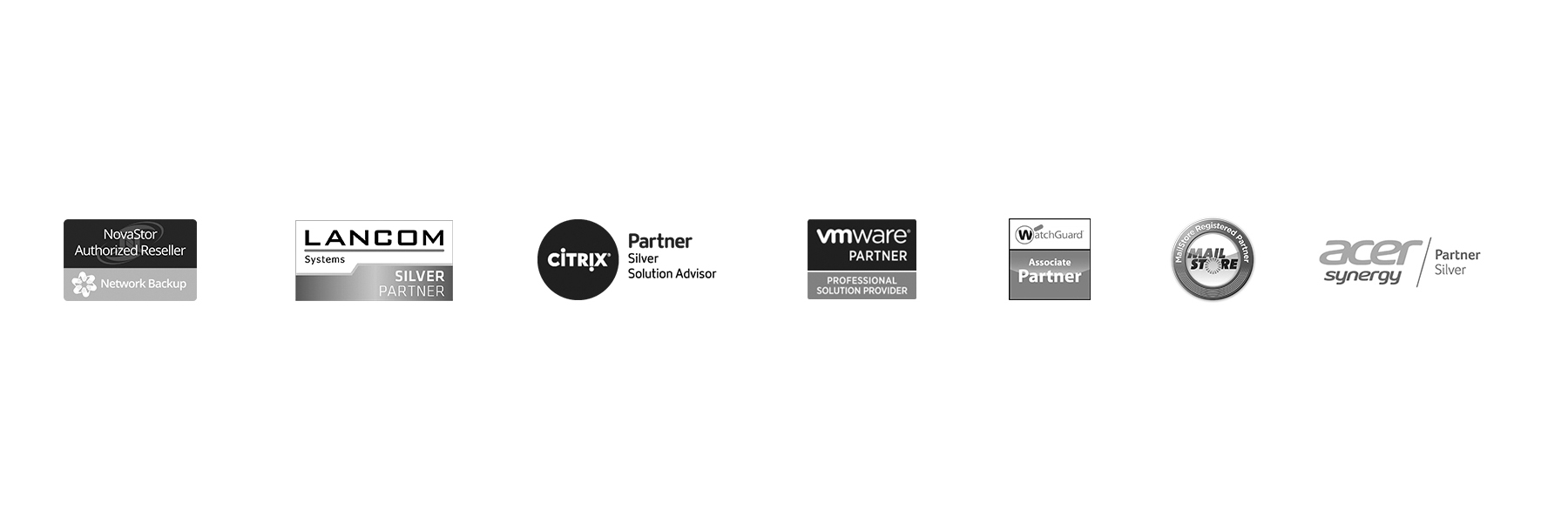 Ein schwarzweißer Slider in dem Partnerlogos der Firmen Novastor, Lancom, Citrix, vmware, WatchGuard, Mailstore und Acer zu sehen sind.