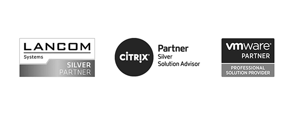 Ein schwarzweißer Slider in dem Partnerlogos der Firmen Lancom, Citrix und vmware zu sehen sind.